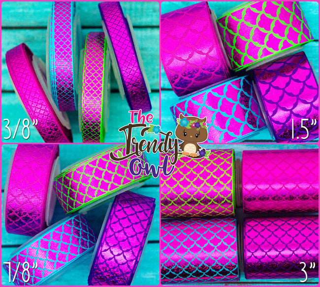 3/8", 7/8", 1.5" & 3" - Pink Laser Foil Mermaid Scales - 5yd Roll