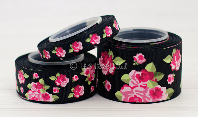 3/8", 7/8", 1.5" Pink Vintage Floral on Black - 5yd Roll