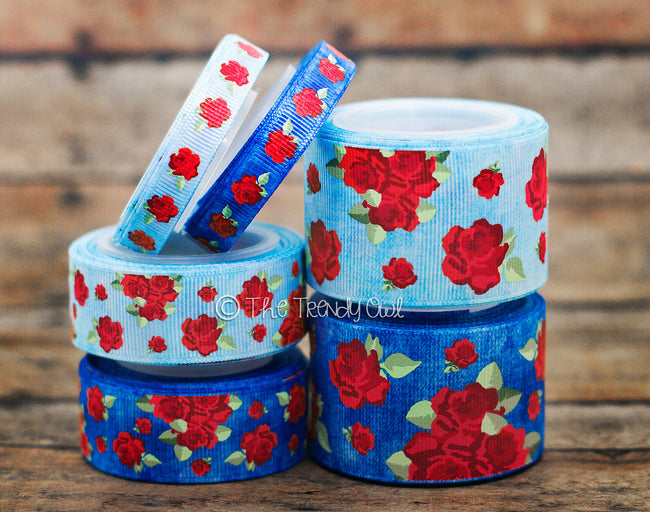 3/8", 7/8", 1.5" Red Vintage Floral on Denim  - 5yd Roll