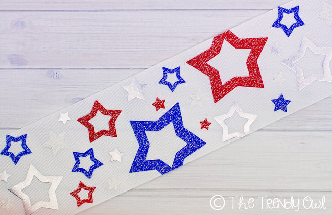 3" Patriotic Sparkle Stars on White Ribbon - 5yd Roll