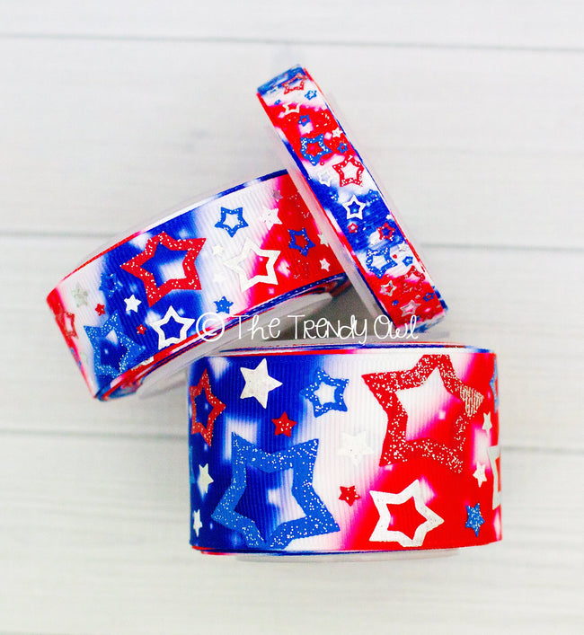 3/8", 7/8" & 1.5"  Patriotic Stars on 4th of July Tie-Dye Heat Transfer Print! - 5yd Roll