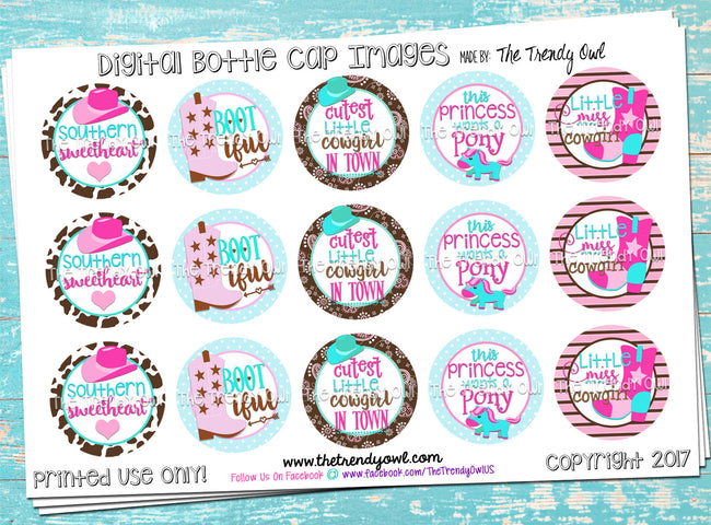 Cutest Little Cowgirl, "BOOT-iful" - 1" Bottle Cap Images - INSTANT DOWNLOAD