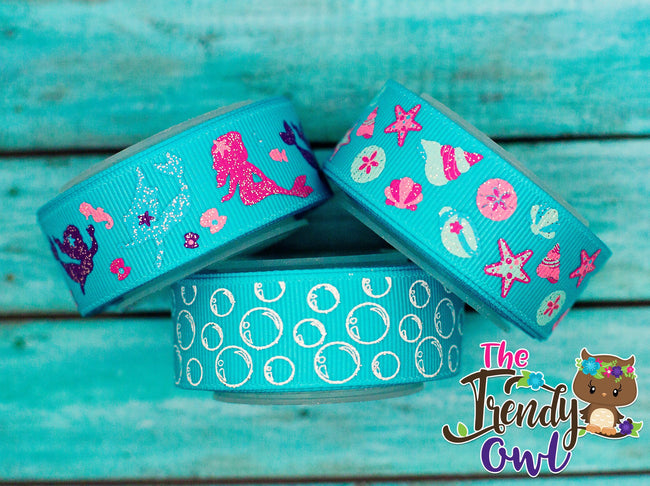7/8" Glittered Mermaid, Sea Shells and Bubbles on Misty Turquoise - 5yd Roll