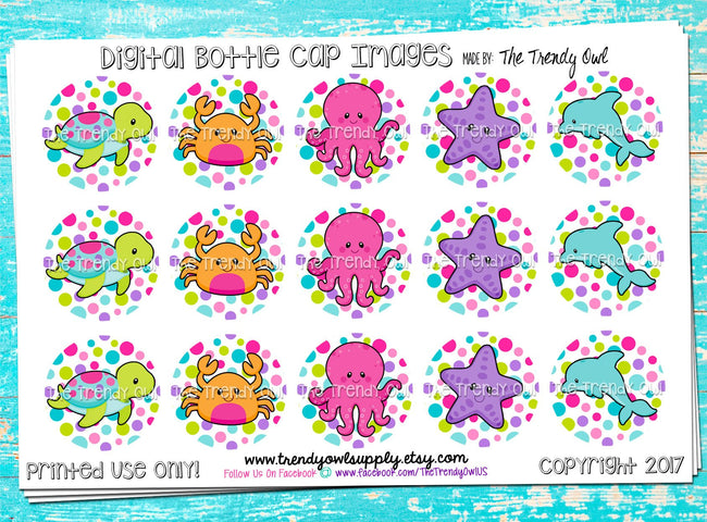 Girly Sea Creatures - 1" Bottle Cap Images - INSTANT DOWNLOAD
