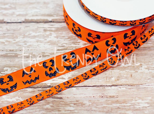 3/8" & 7/8" Classic Jack-O-Lantern Faces - Black on Orange - Halloween - 5yd Roll