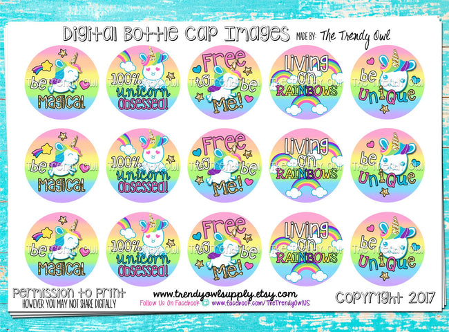 Unicorns/Rainbows - "Free to be Me" on Pastel Rainbow Ombre - 1" BOTTLE CAP IMAGES - INSTANT DOWNLOAD