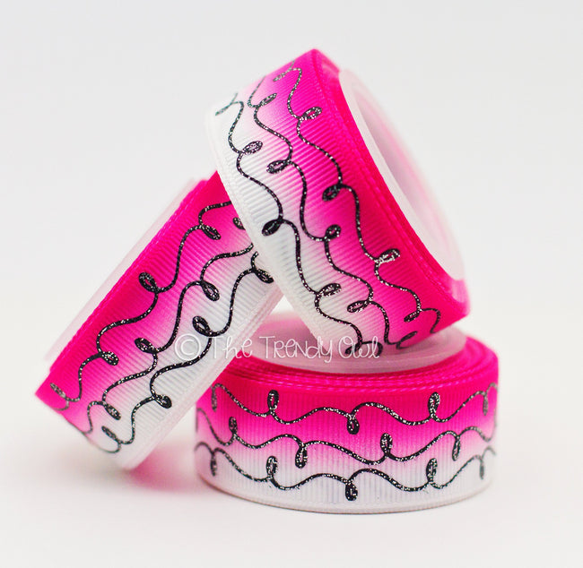 7/8" Black Glitter Doodles on Pink/White Ombre - M2M "Wild Ghoul w/ BATitude" - 5yd Roll