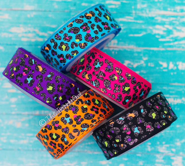 7/8" Bright Glittered Leopard Print - 5yd Roll