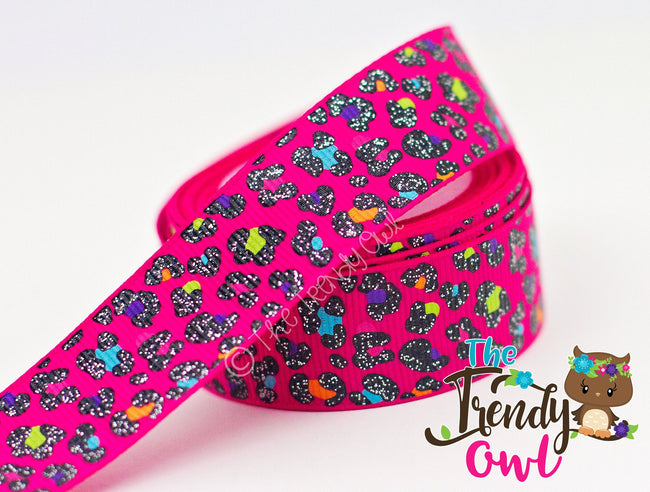 7/8" Bright Glittered Leopard Print - 5yd Roll