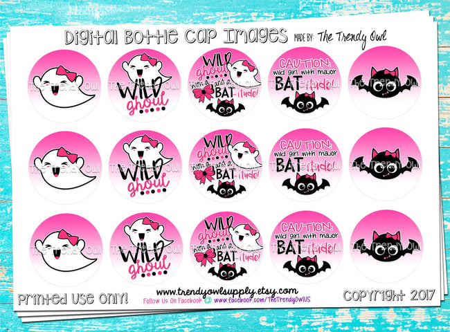 Wild Ghoul w/ a Bow and a Bat-itude! on PinkWhiteOmbre - - Halloween - 1" BOTTLE CAP IMAGES - INSTANT DOWNLOAD