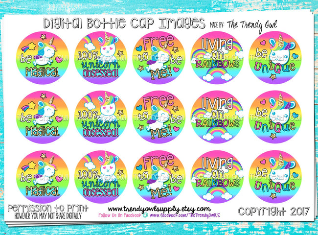Unicorns/Rainbows - "Free to be Me" on Bright Rainbow Ombre - 1" BOTTLE CAP IMAGES - INSTANT DOWNLOAD