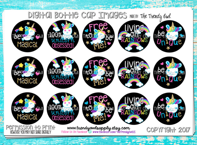 Unicorns & Rainbows "Free to be Me" on Black - 1" BOTTLE CAP IMAGES - INSTANT DOWNLOAD