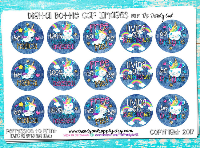 Unicorns & Rainbows "Free to be Me" on Dark Denim - 1" BOTTLE CAP IMAGES - INSTANT DOWNLOAD