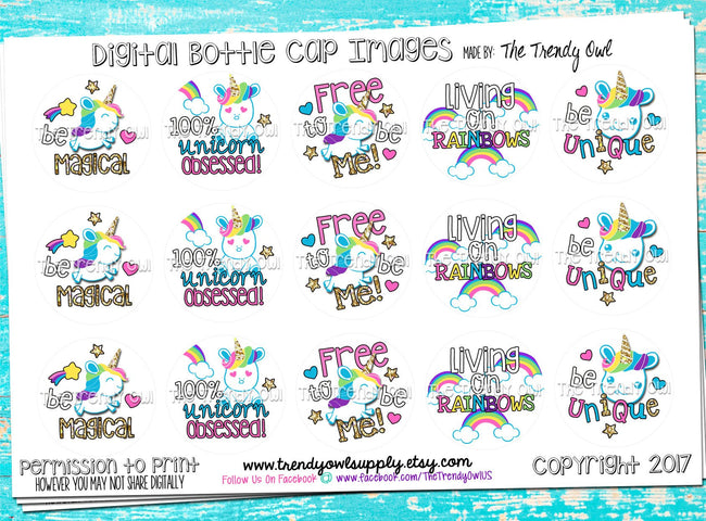 Unicorns & Rainbows "Free to be Me" on White - 1" BOTTLE CAP IMAGES - INSTANT DOWNLOAD