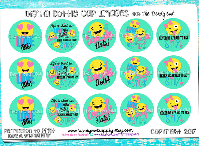 Love, Laugh, Be Silly - Emoji Themes - 1" BOTTLE CAP IMAGES - INSTANT DOWNLOAD