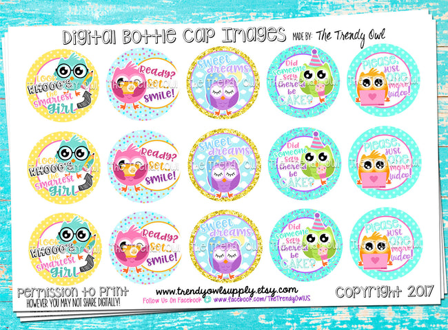 Trendy Owls Misc. Sayings & Quotes - 1" BOTTLE CAP IMAGES - INSTANT DOWNLOAD