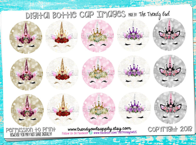 Unicorn Princess Faces - 1" BOTTLE CAP IMAGES - INSTANT DOWNLOAD