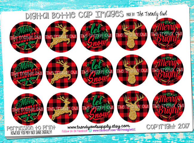 Buffalo Plaid Christmas! - 1" Bottle Cap Images - INSTANT DOWNLOAD