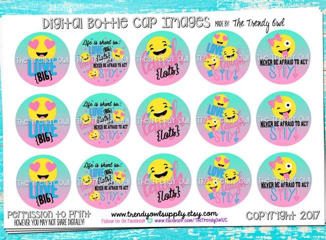 Love, Laugh, Be Silly - Emoji Theme - 1" BOTTLE CAP IMAGES - INSTANT DOWNLOAD