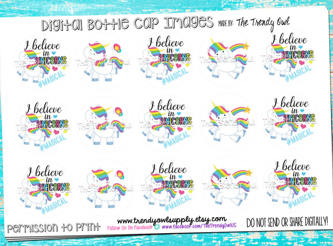 Believe In Unicorns - 1" Bottle Cap Images - INSTANT DOWNLOAD