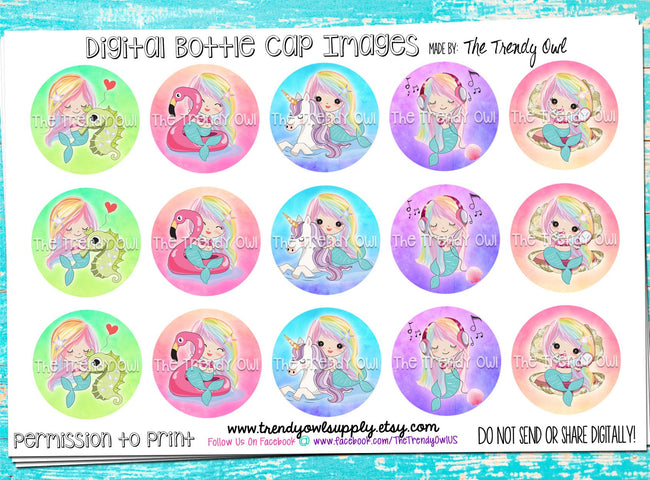 Rainbows Mermaid - Unicorn - Makeup - Flamingo - 1" BOTTLE CAP IMAGES - INSTANT DOWNLOAD
