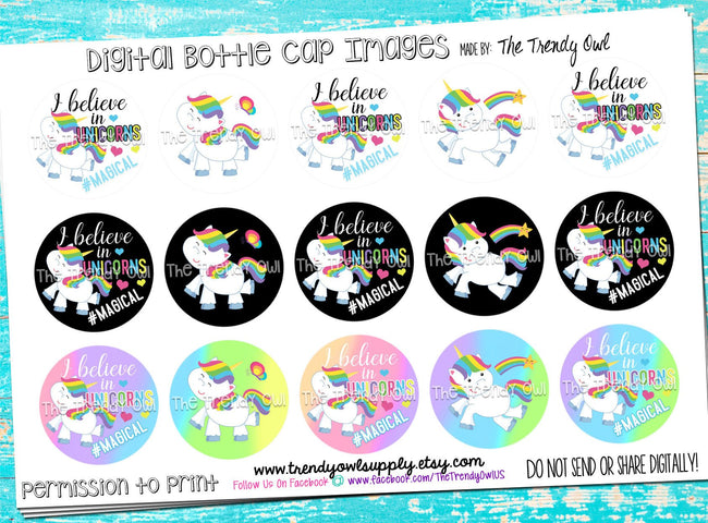 Believe In Unicorns - 1" Bottle Cap Images - INSTANT DOWNLOAD