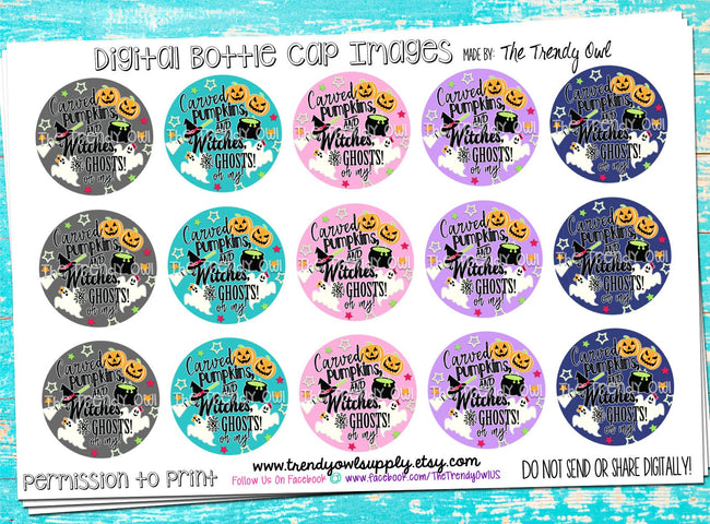 Pumpkins, Witches, & Ghosts, Oh My! - Halloween Themed - 1" BOTTLE CAP IMAGES - INSTANT DOWNLOAD