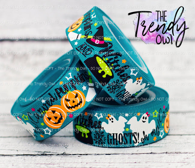 7/8" Pumpkins, Witches, & Ghosts, OH MY! - Glow In The Dark Halloween Collection - 5yd Roll