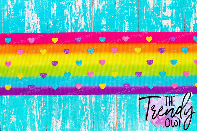 3/8", 7/8", 1.5" & 3" Mini Glittered Hearts on Rainbow Stripes - 5yd Roll