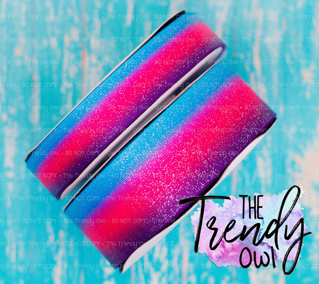 7/8" & 1.5" Silver Glitter on Turquoise/Pink/Purple Ombre - 3yd cuts
