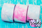 1.5" & 3" White Glittered Snowflakes on Winter TieDye - 5yd Roll