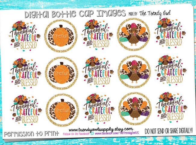 Thankful, Grateful, Blessed on WHITE - Thanksgiving Inspired - 1" BOTTLE CAP IMAGES - INSTANT DOWNLOAD