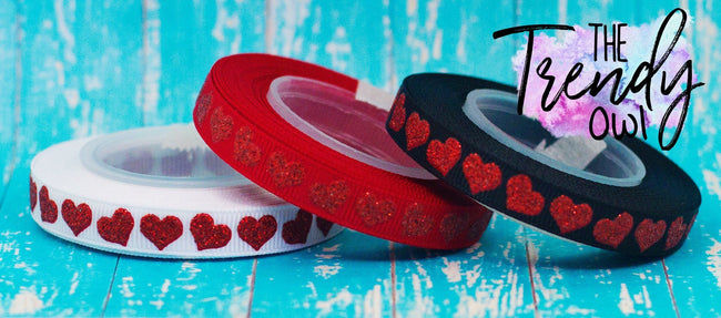 3/8" Red Raised Glitter Hearts - 5yd Roll