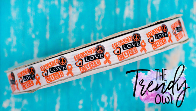 7/8" Glittered Peace, Love, Cure/Orange Ribbon - Cancer Awareness - 3yd Cuts