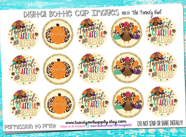 Thankful, Grateful, Blessed on CREAM - Thanksgiving Inspired - 1" BOTTLE CAP IMAGES - INSTANT DOWNLOAD