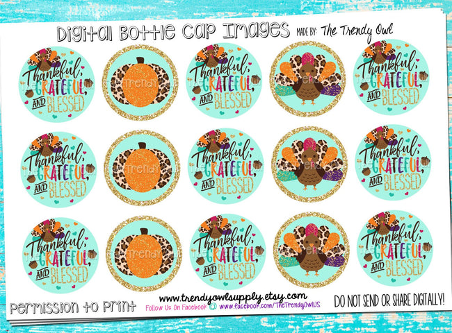 Thankful, Grateful, Blessed on AQUA - Thanksgiving Inspired - 1" BOTTLE CAP IMAGES - INSTANT DOWNLOAD
