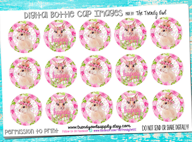 Pink Spring Floral Bunnies - Easter Inspired - 1" BOTTLE CAP IMAGES - INSTANT DOWNLOAD