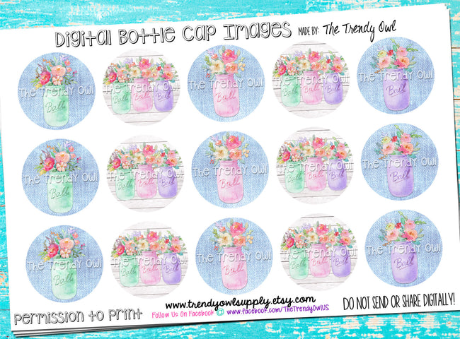 Mason Jar Floral - 1" BOTTLE CAP IMAGES - INSTANT DOWNLOAD
