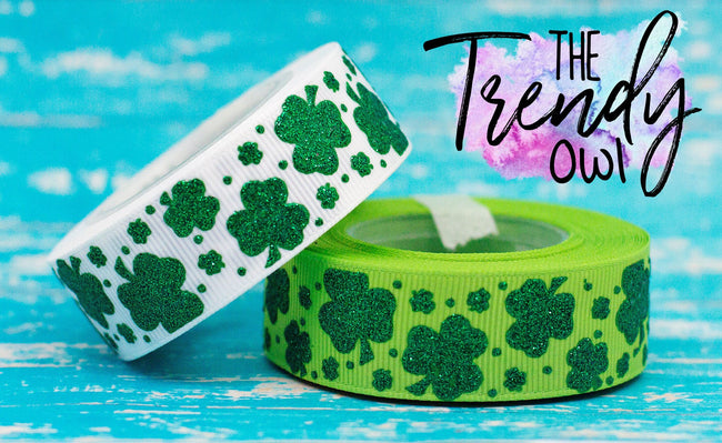 7/8" Green Raised Glitter Clovers - 5yd Roll