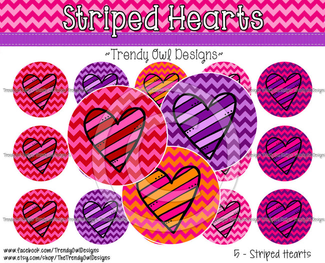 Striped Hearts - 1" BOTTLE CAP IMAGES - INSTANT DOWNLOAD