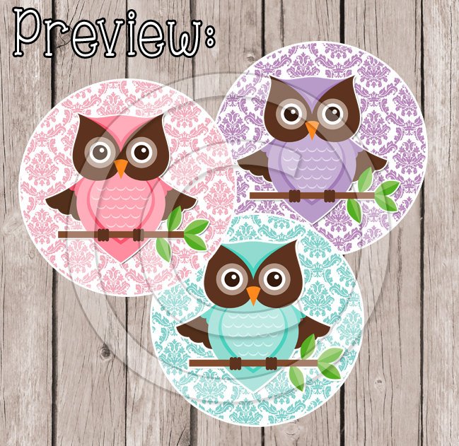 Spring Damask Owls - 1" BOTTLE CAP IMAGES - INSTANT DOWNLOAD