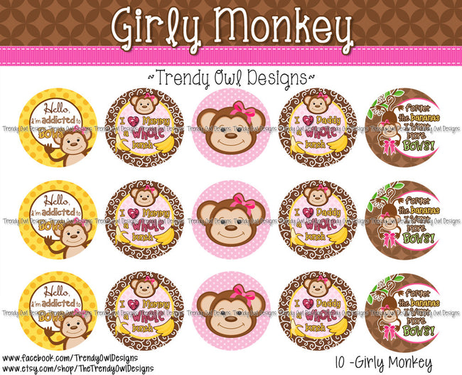 Girly Monkey - 1" Bottle Cap Images - INSTANT DOWNLOAD