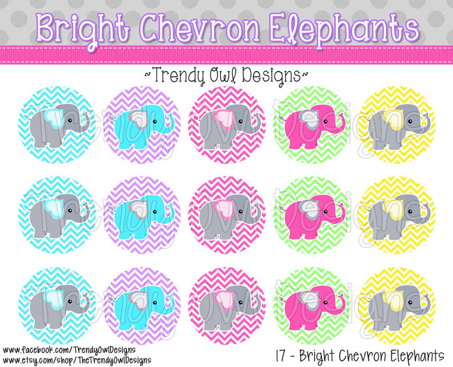 Bright Chevron Elephants - 1" Bottle Cap Images - INSTANT DOWNLOAD