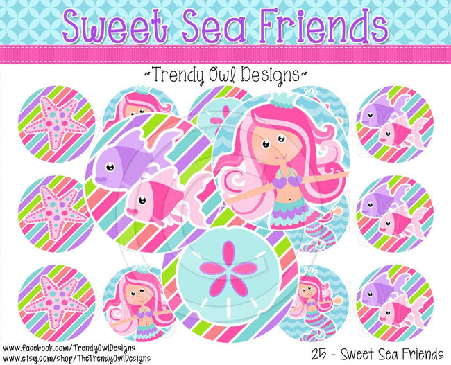 Sweet Sea Friends & Mermaids - 1" BOTTLE CAP IMAGES - INSTANT DOWNLOAD