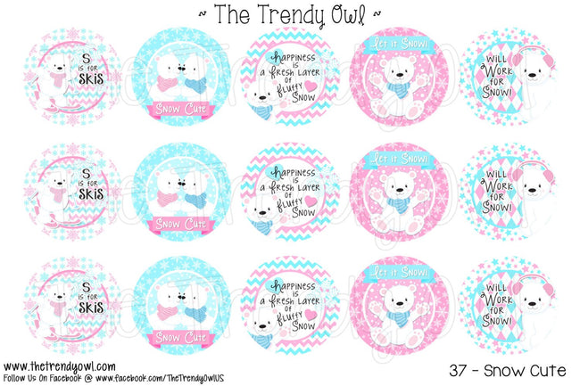 Snow Cute Polar Bear -  Winter Themed - 1" BOTTLE CAP IMAGES - INSTANT DOWNLOAD