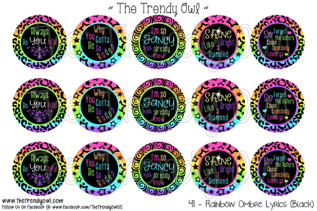 Rainbow Ombre Lyrics - 1" BOTTLE CAP IMAGES - INSTANT DOWNLOAD