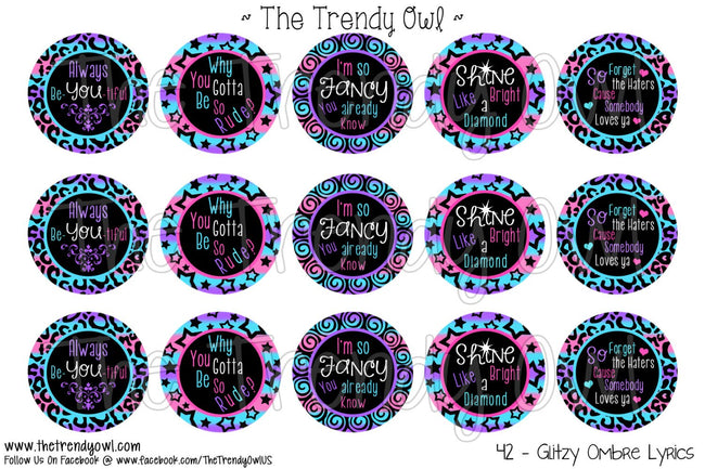 Glitzy Ombre Lyrics - 1" Bottle Cap Images - INSTANT DOWNLOAD