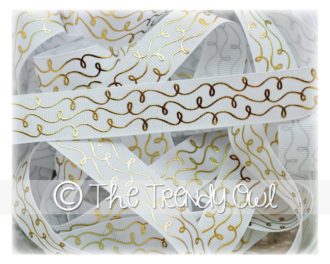 7/8" Gold Foil Doodle Swirls - White - 5yd Roll