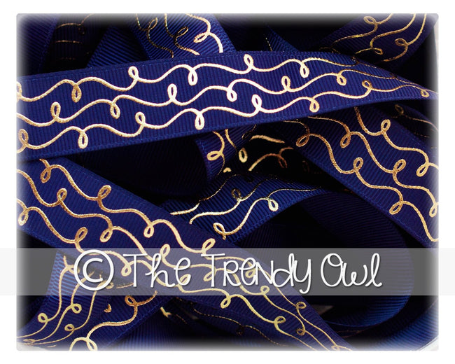 7/8" Gold Foil Doodle Swirls - Ink Blue - 5yd Roll