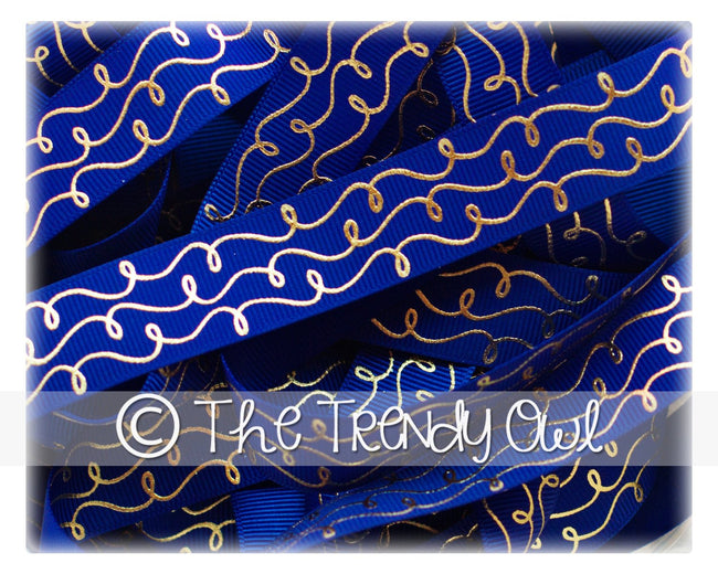 7/8" Gold Foil Doodle Swirls - Cobalt - 5yd Roll